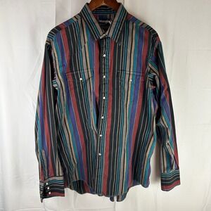 VTG Wrangler Cowboy Cut Western Shirt Mens 17.5x36 Multicolor Striped Pearl Snap